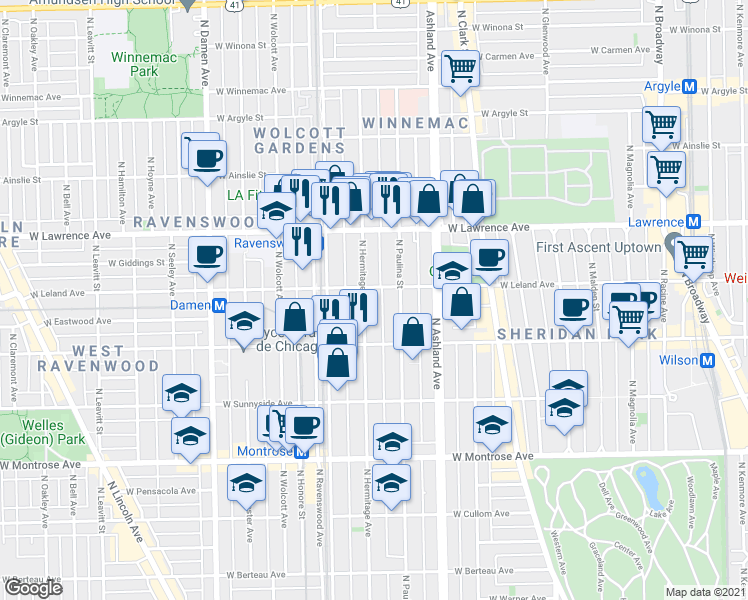 map of restaurants, bars, coffee shops, grocery stores, and more near 1721 West Leland Avenue in Chicago