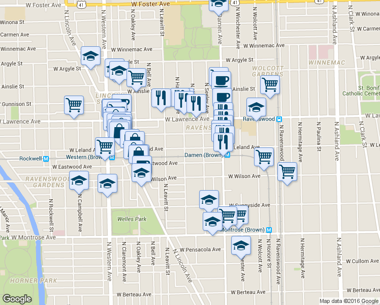 map of restaurants, bars, coffee shops, grocery stores, and more near 2146 West Leland Avenue in Chicago