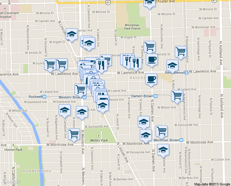 map of restaurants, bars, coffee shops, grocery stores, and more near 4704 North Leavitt Street in Chicago