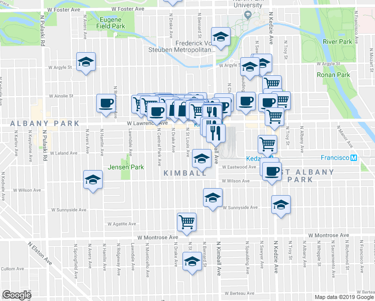 map of restaurants, bars, coffee shops, grocery stores, and more near 4713 North Saint Louis Avenue in Chicago