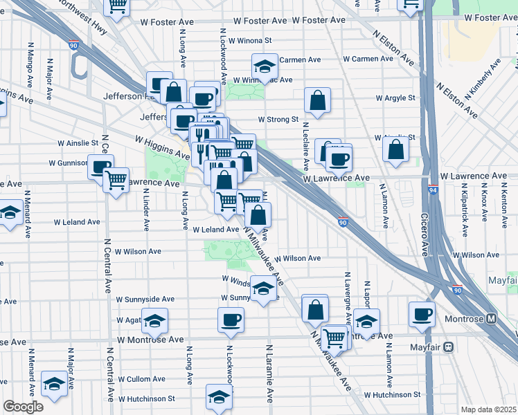 map of restaurants, bars, coffee shops, grocery stores, and more near 4731 North Laramie Avenue in Chicago
