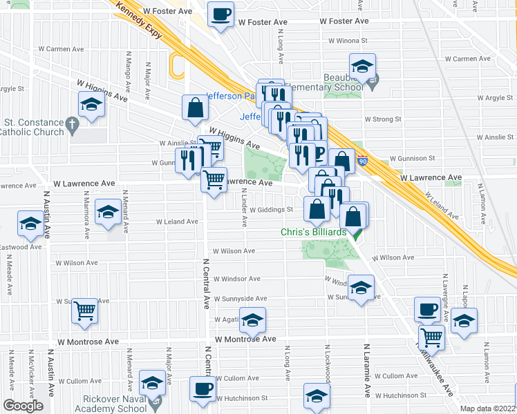 map of restaurants, bars, coffee shops, grocery stores, and more near 4749 North Lotus Avenue in Chicago