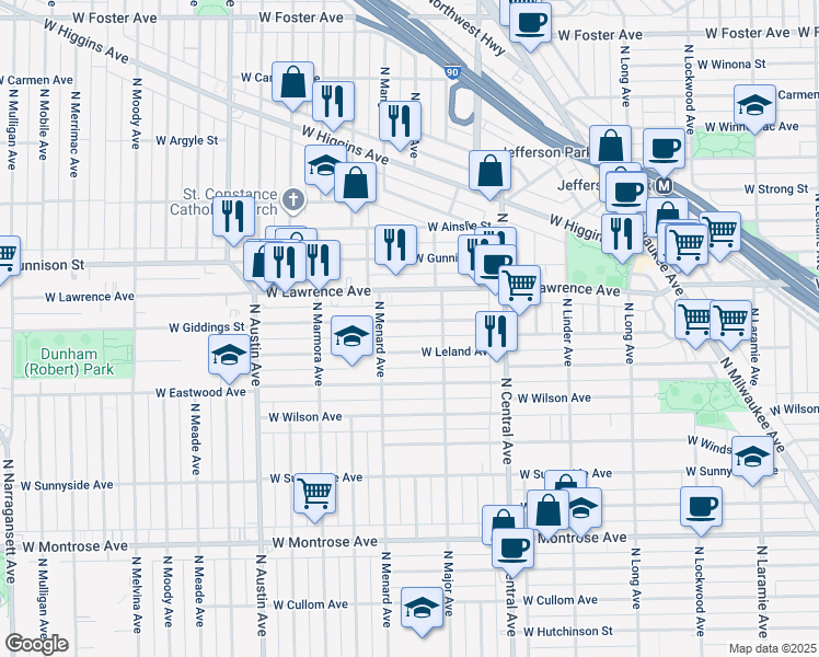 map of restaurants, bars, coffee shops, grocery stores, and more near 5724 West Giddings Street in Chicago