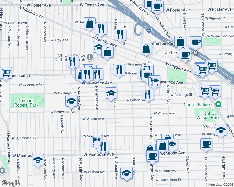map of restaurants, bars, coffee shops, grocery stores, and more near 5800 West Giddings Street in Chicago