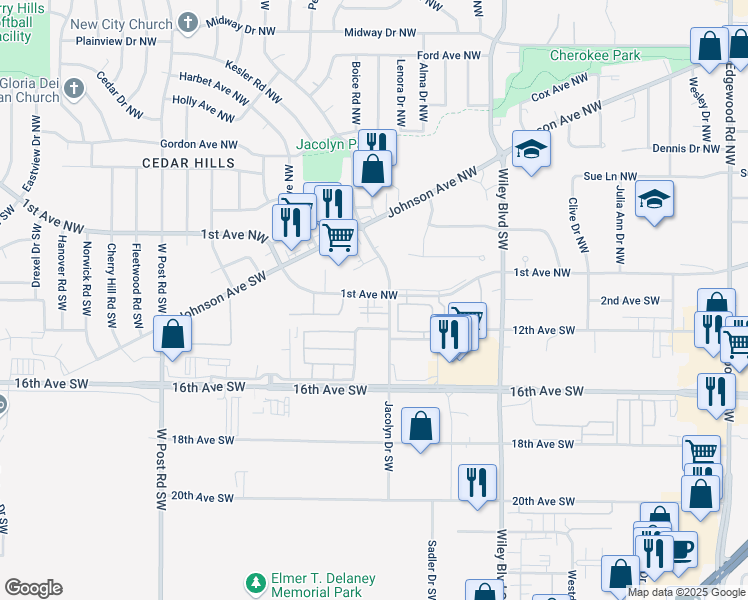 map of restaurants, bars, coffee shops, grocery stores, and more near 4596-4670 1st Avenue Southwest in Cedar Rapids