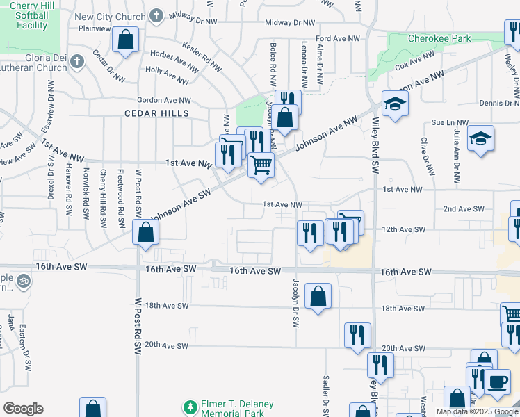 map of restaurants, bars, coffee shops, grocery stores, and more near 4825 Johnson Avenue Northwest in Cedar Rapids