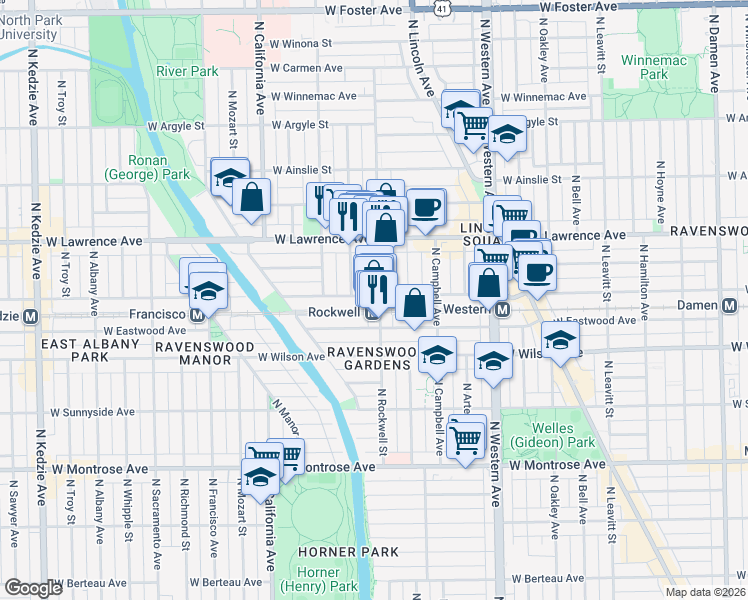map of restaurants, bars, coffee shops, grocery stores, and more near 4662 North Rockwell Street in Chicago
