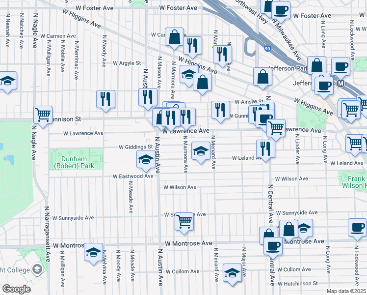 map of restaurants, bars, coffee shops, grocery stores, and more near 5901 West Giddings Street in Chicago