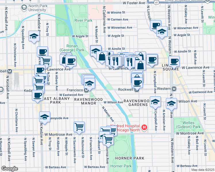 map of restaurants, bars, coffee shops, grocery stores, and more near 4674 North Virginia Avenue in Chicago