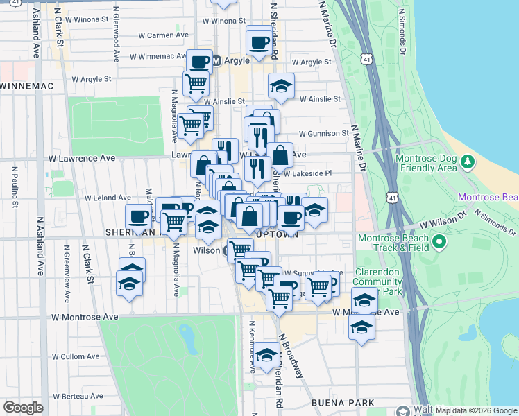 map of restaurants, bars, coffee shops, grocery stores, and more near 4639 North Kenmore Avenue in Chicago