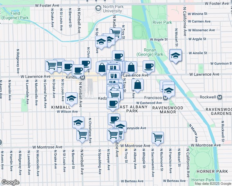 map of restaurants, bars, coffee shops, grocery stores, and more near North Kedzie Avenue & West Leland Avenue in Chicago