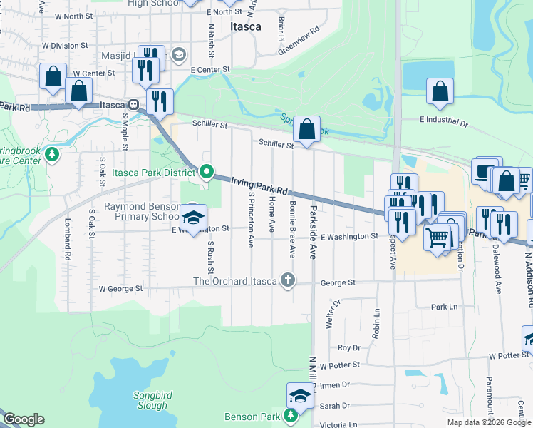 map of restaurants, bars, coffee shops, grocery stores, and more near 321 South Princeton Avenue in Itasca
