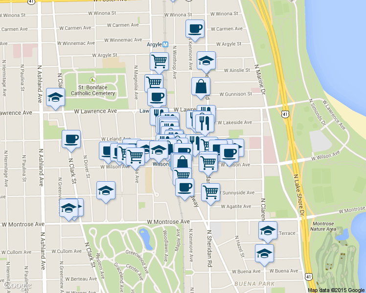 map of restaurants, bars, coffee shops, grocery stores, and more near 4643 N Winthrop Ave in Chicago