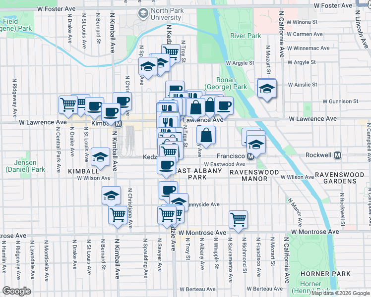 map of restaurants, bars, coffee shops, grocery stores, and more near W Leland Ave & N Troy St in Chicago