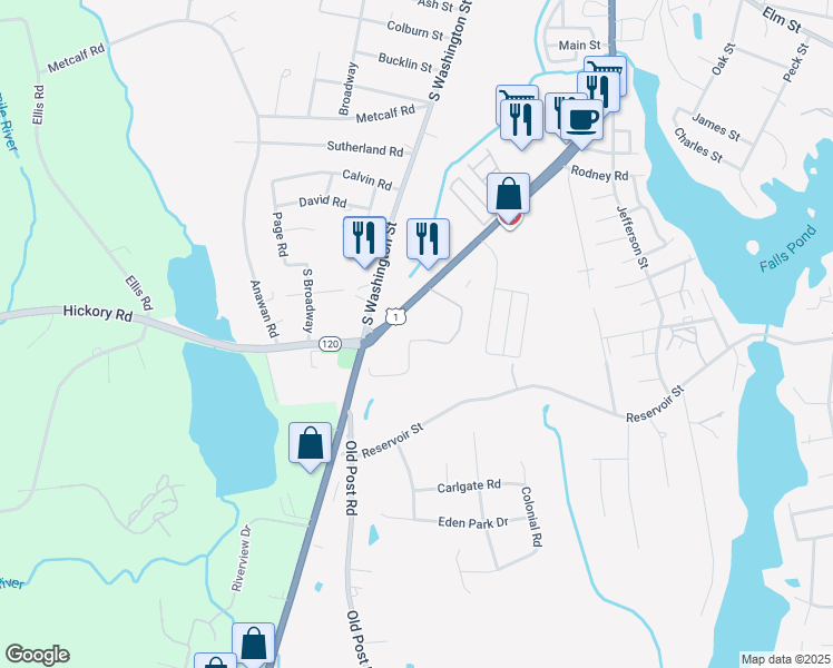 map of restaurants, bars, coffee shops, grocery stores, and more near 65 East Washington Street in North Attleborough