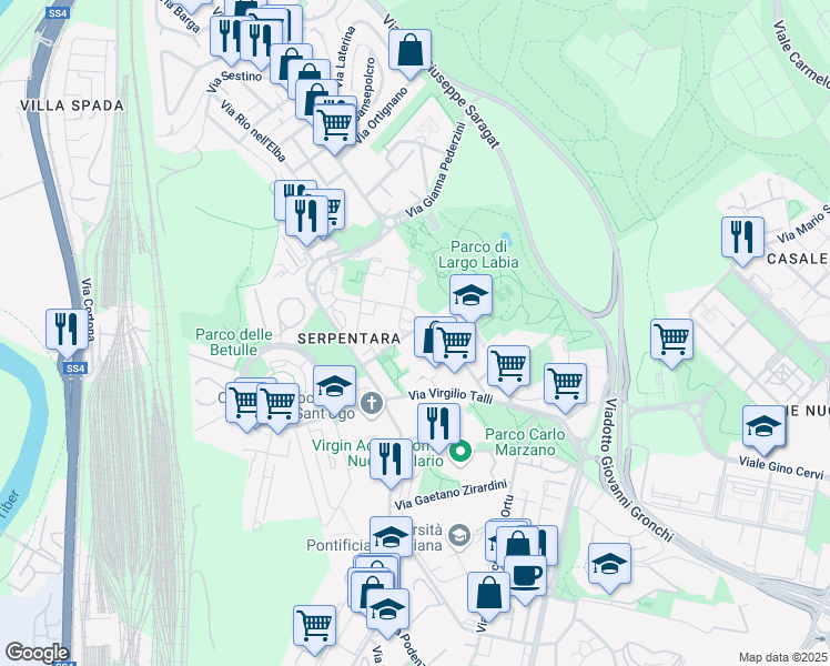 map of restaurants, bars, coffee shops, grocery stores, and more near 9 Via Amerigo Guasti in Roma