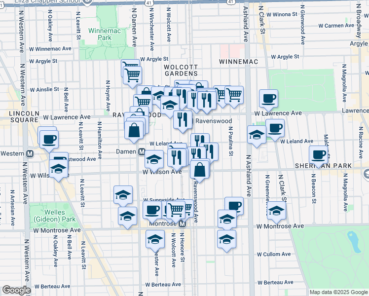 map of restaurants, bars, coffee shops, grocery stores, and more near 4700 North Ravenswood Avenue in Chicago