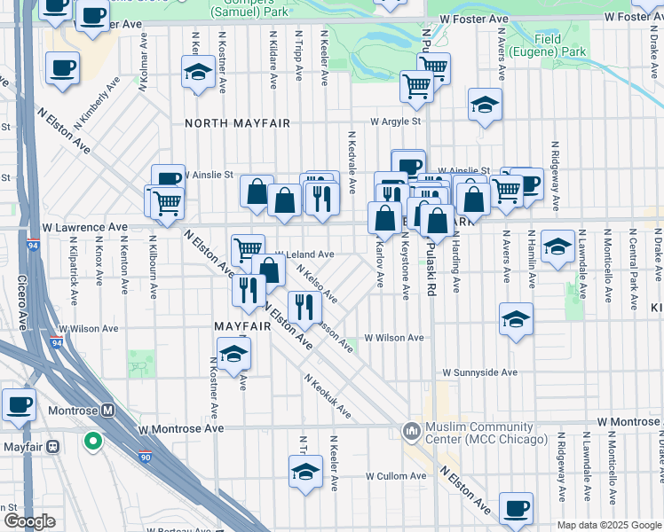map of restaurants, bars, coffee shops, grocery stores, and more near 4215 West Leland Avenue in Chicago