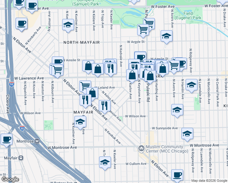 map of restaurants, bars, coffee shops, grocery stores, and more near 4727 North Kiona Avenue in Chicago