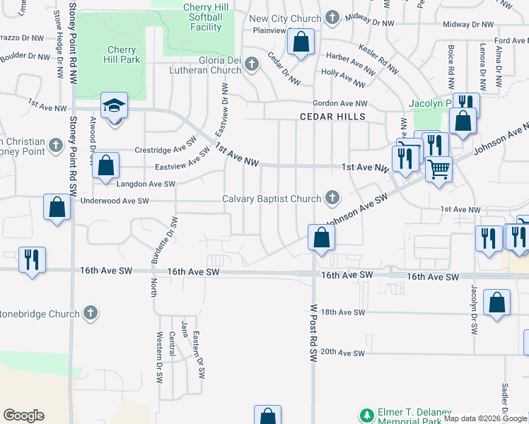 map of restaurants, bars, coffee shops, grocery stores, and more near 314 Cherry Hill Rd SW in Cedar Rapids