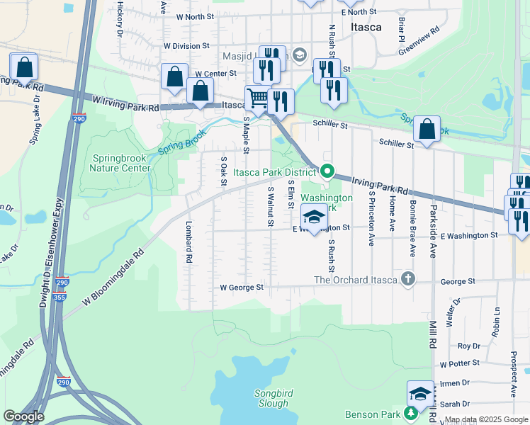 map of restaurants, bars, coffee shops, grocery stores, and more near 323 South Maple Street in Itasca