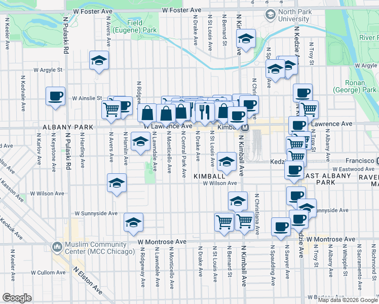 map of restaurants, bars, coffee shops, grocery stores, and more near 3554 West Leland Avenue in Chicago