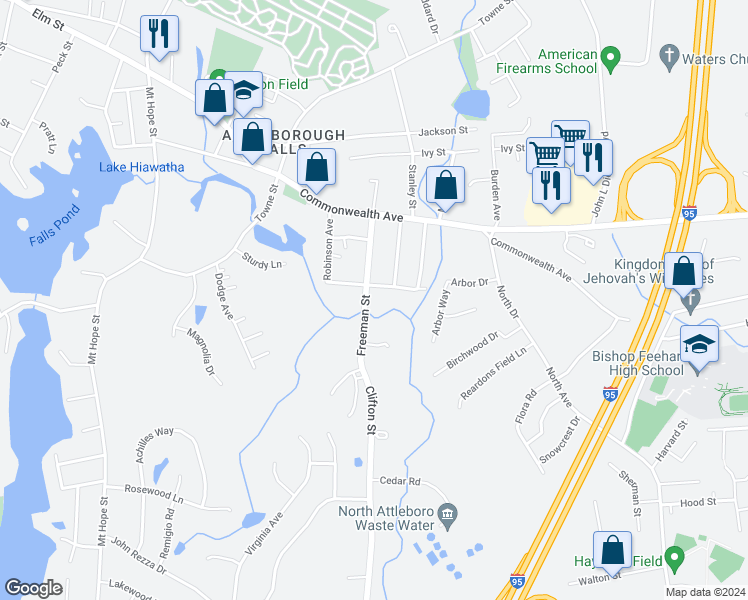 map of restaurants, bars, coffee shops, grocery stores, and more near in North Attleborough
