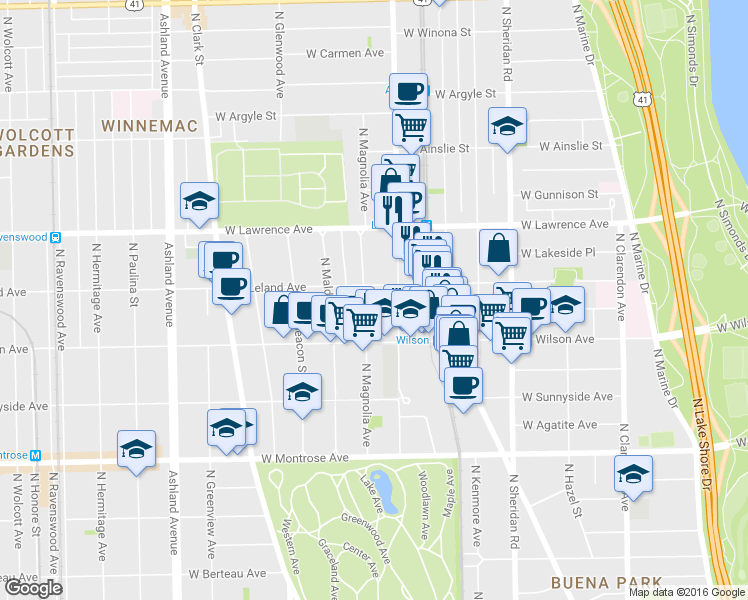 map of restaurants, bars, coffee shops, grocery stores, and more near 1207 West Leland Avenue in Chicago