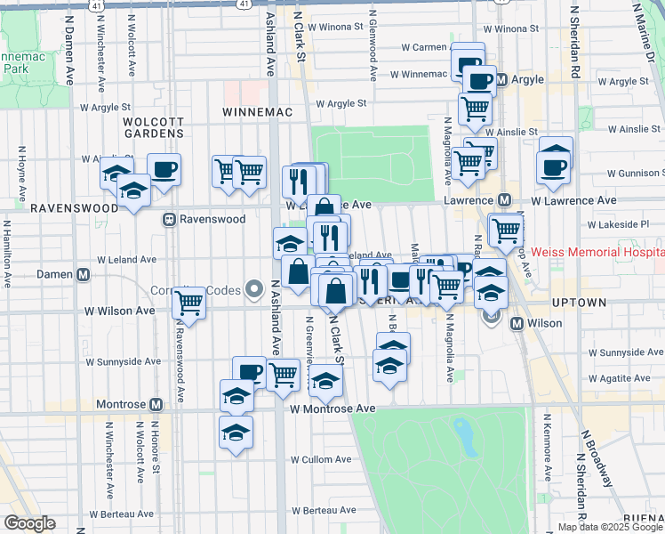 map of restaurants, bars, coffee shops, grocery stores, and more near 4658 North Dover Street in Chicago