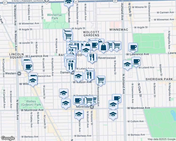 map of restaurants, bars, coffee shops, grocery stores, and more near 1900 West Leland Avenue in Chicago