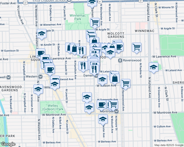 map of restaurants, bars, coffee shops, grocery stores, and more near 4704 North Damen Avenue in Chicago