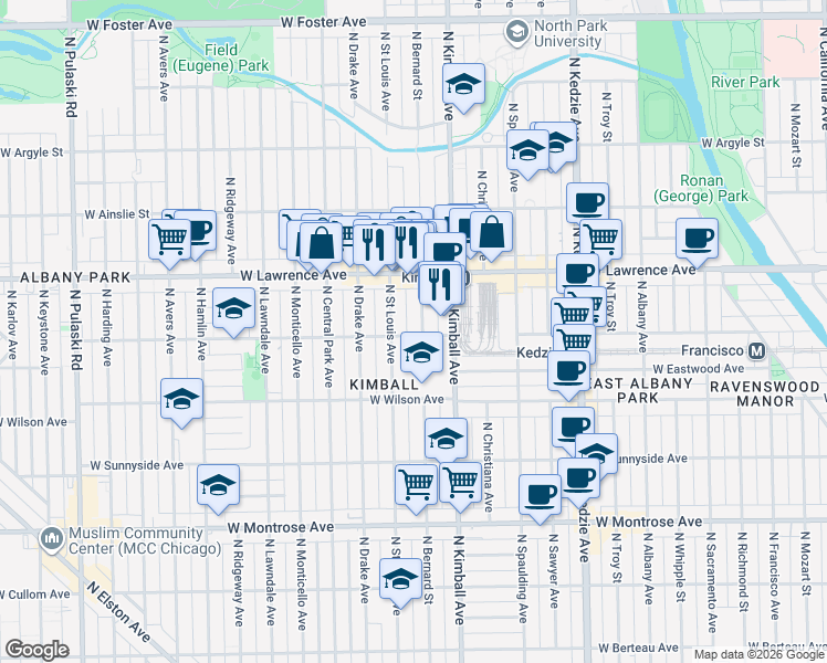 map of restaurants, bars, coffee shops, grocery stores, and more near 3436 West Leland Avenue in Chicago