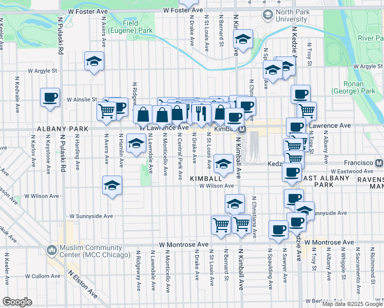 map of restaurants, bars, coffee shops, grocery stores, and more near 4712 North Drake Avenue in Chicago