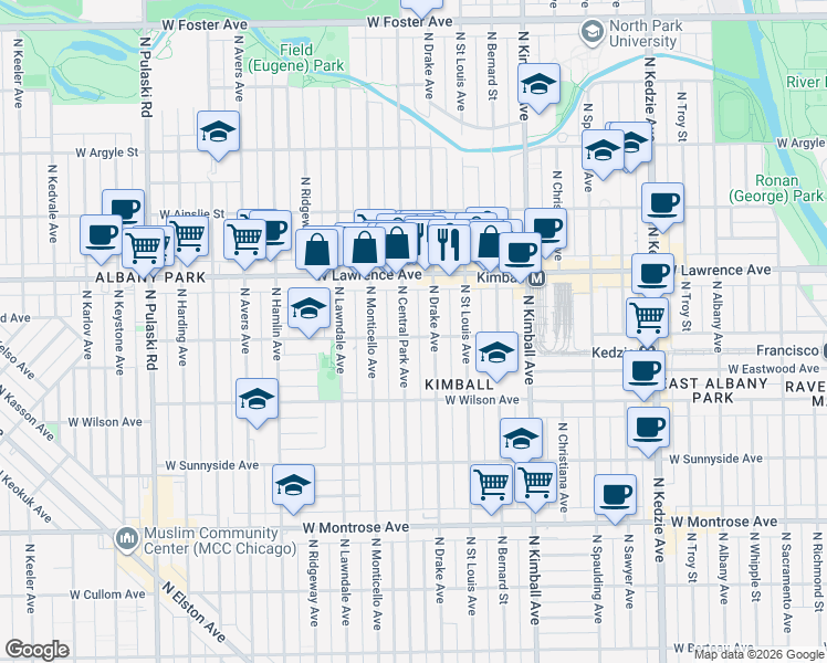 map of restaurants, bars, coffee shops, grocery stores, and more near 4714 North Central Park Avenue in Chicago