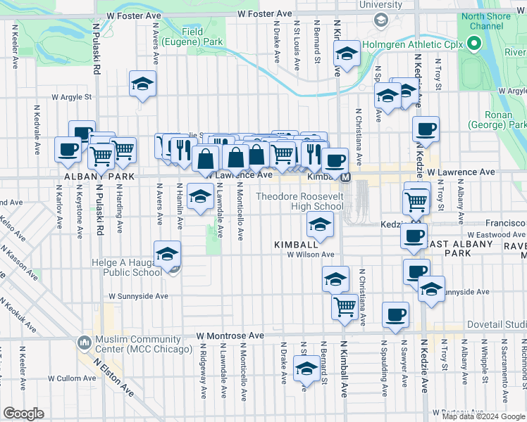 map of restaurants, bars, coffee shops, grocery stores, and more near 4714 North Central Park Avenue in Chicago