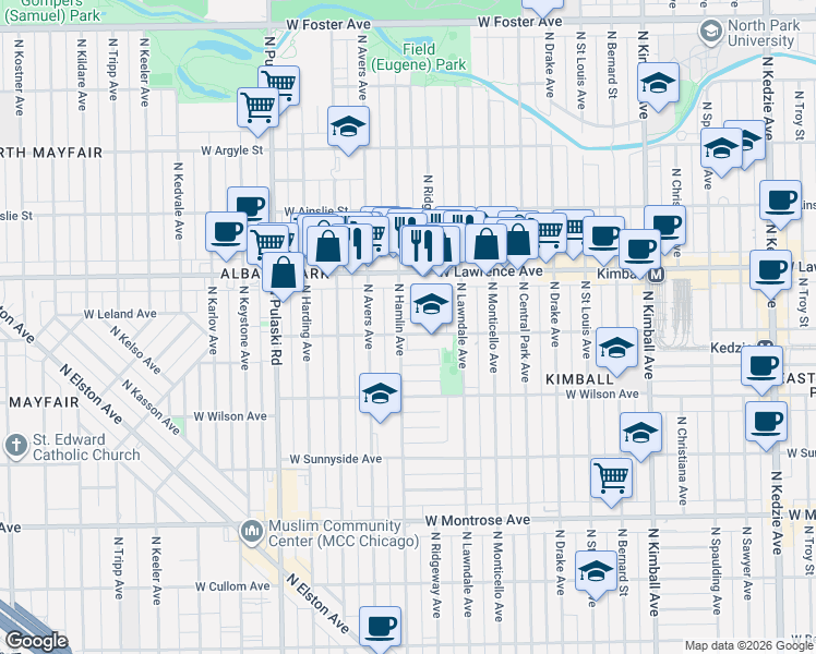 map of restaurants, bars, coffee shops, grocery stores, and more near 3757 West Giddings Street in Chicago