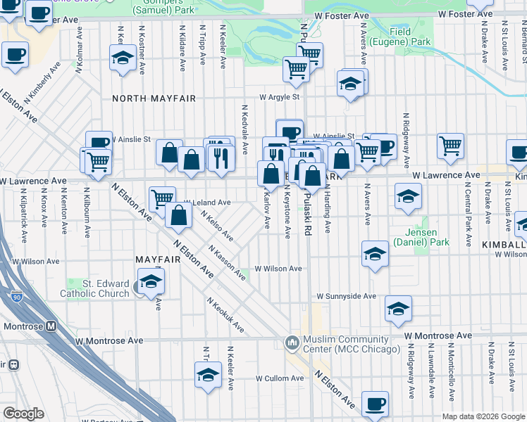 map of restaurants, bars, coffee shops, grocery stores, and more near 4746 North Karlov Avenue in Chicago