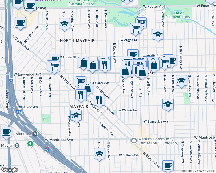 map of restaurants, bars, coffee shops, grocery stores, and more near 4215 West Leland Avenue in Chicago