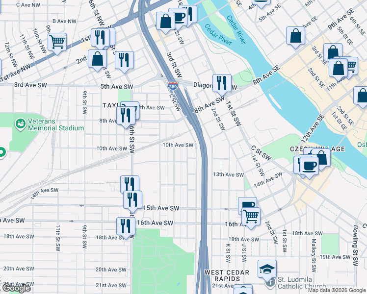 map of restaurants, bars, coffee shops, grocery stores, and more near 344-368 10th Avenue Southwest in Cedar Rapids