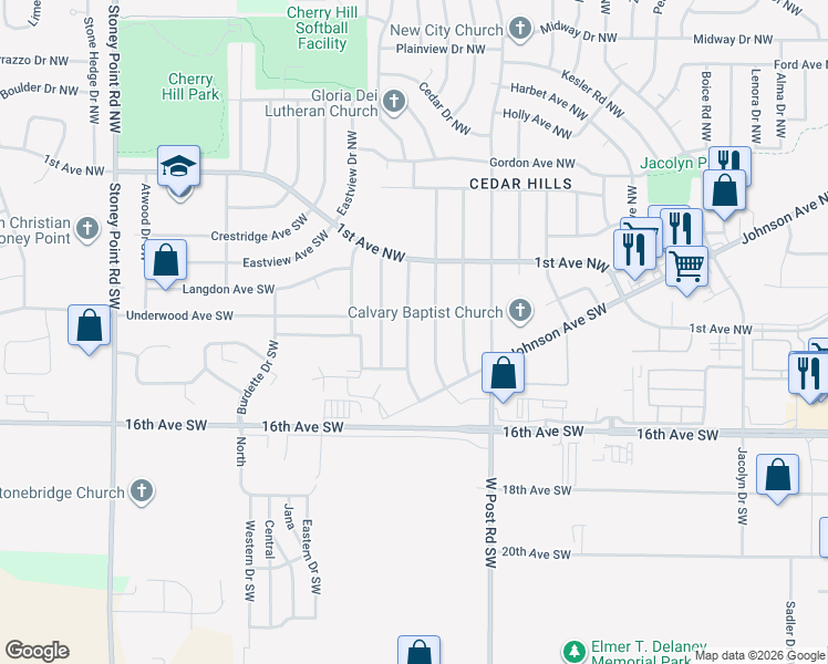 map of restaurants, bars, coffee shops, grocery stores, and more near 314 Cherry Hill Rd SW in Cedar Rapids