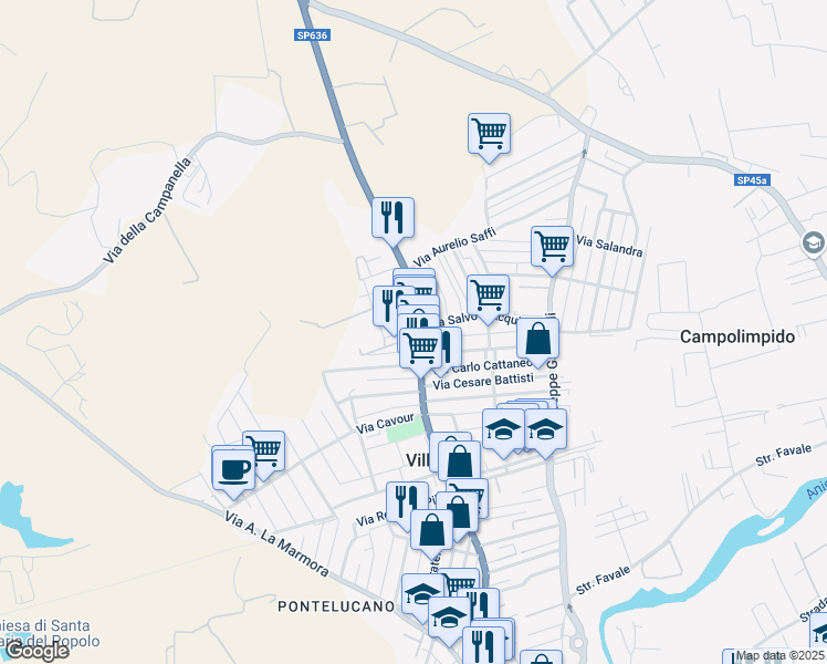 map of restaurants, bars, coffee shops, grocery stores, and more near 299A Via Maremmana Inferiore in Villanova