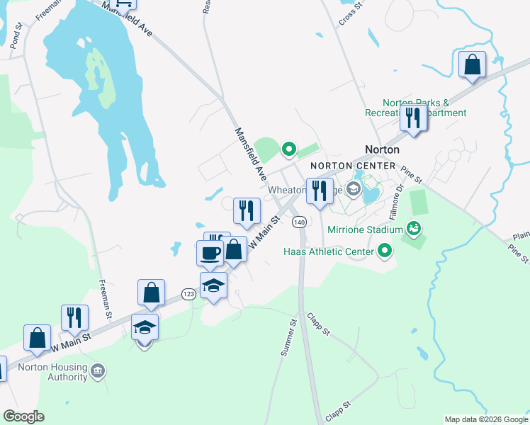 map of restaurants, bars, coffee shops, grocery stores, and more near 4 Mansfield Avenue in Norton