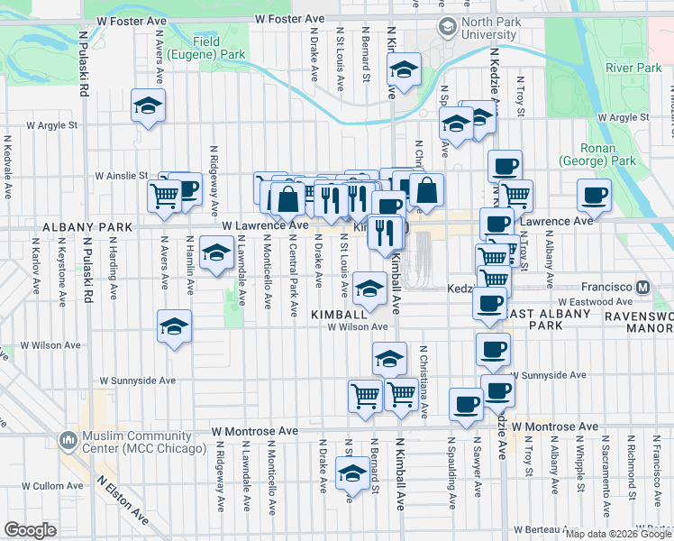 map of restaurants, bars, coffee shops, grocery stores, and more near 4713 North Saint Louis Avenue in Chicago