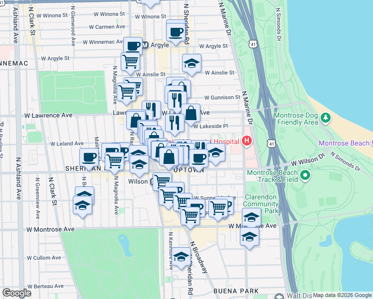 map of restaurants, bars, coffee shops, grocery stores, and more near 4652 North Sheridan Road in Chicago
