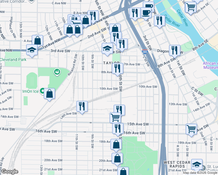 map of restaurants, bars, coffee shops, grocery stores, and more near 928 7th Street Southwest in Cedar Rapids
