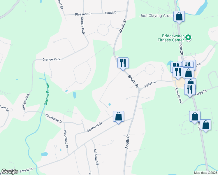 map of restaurants, bars, coffee shops, grocery stores, and more near 46 Stephanie Lane in Bridgewater