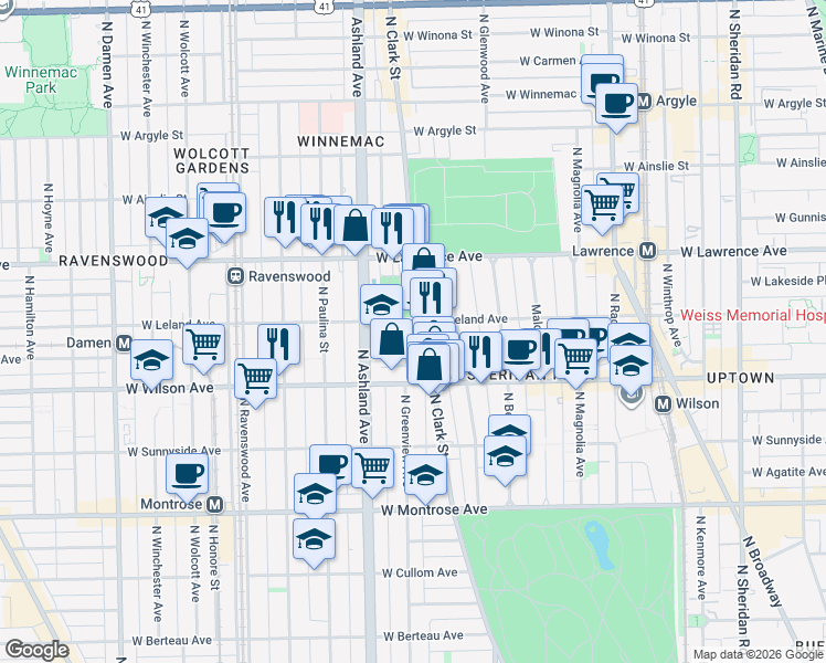 map of restaurants, bars, coffee shops, grocery stores, and more near 4651 North Greenview Avenue in Chicago