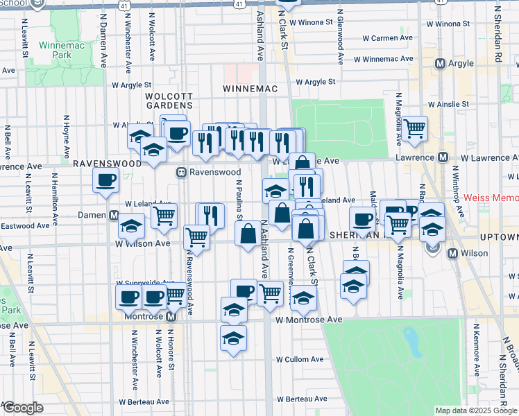 map of restaurants, bars, coffee shops, grocery stores, and more near 4651 North Greenview Avenue in Chicago