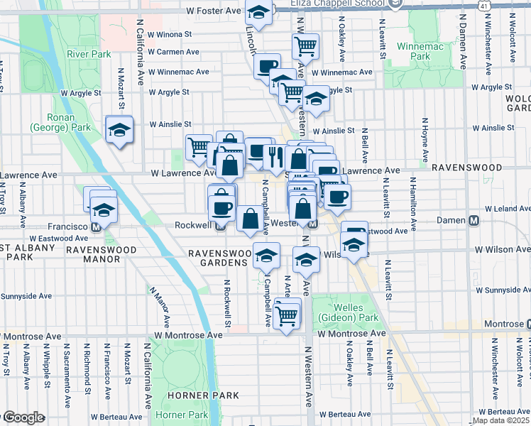 map of restaurants, bars, coffee shops, grocery stores, and more near 2500 West Leland Avenue in Chicago