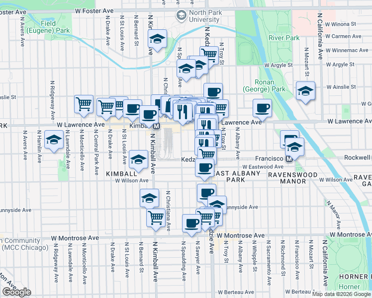 map of restaurants, bars, coffee shops, grocery stores, and more near 3252 West Leland Avenue in Chicago